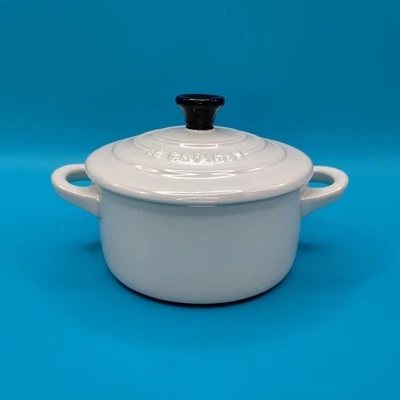 Le Creuset Petite Round Casserole 8oz Mini Cocotte White Black Stoneware  - Image 1 of 4