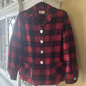 Vintage 49er Pendleton Womens Jacket Red Plaid Wool L Abalone Buttons USA - Picture 1 of 2