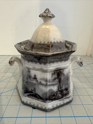 John Alcock Cobridge azucarero y tapa Vincennes negro 1850’s Ironstone bote Foto 1 de 4