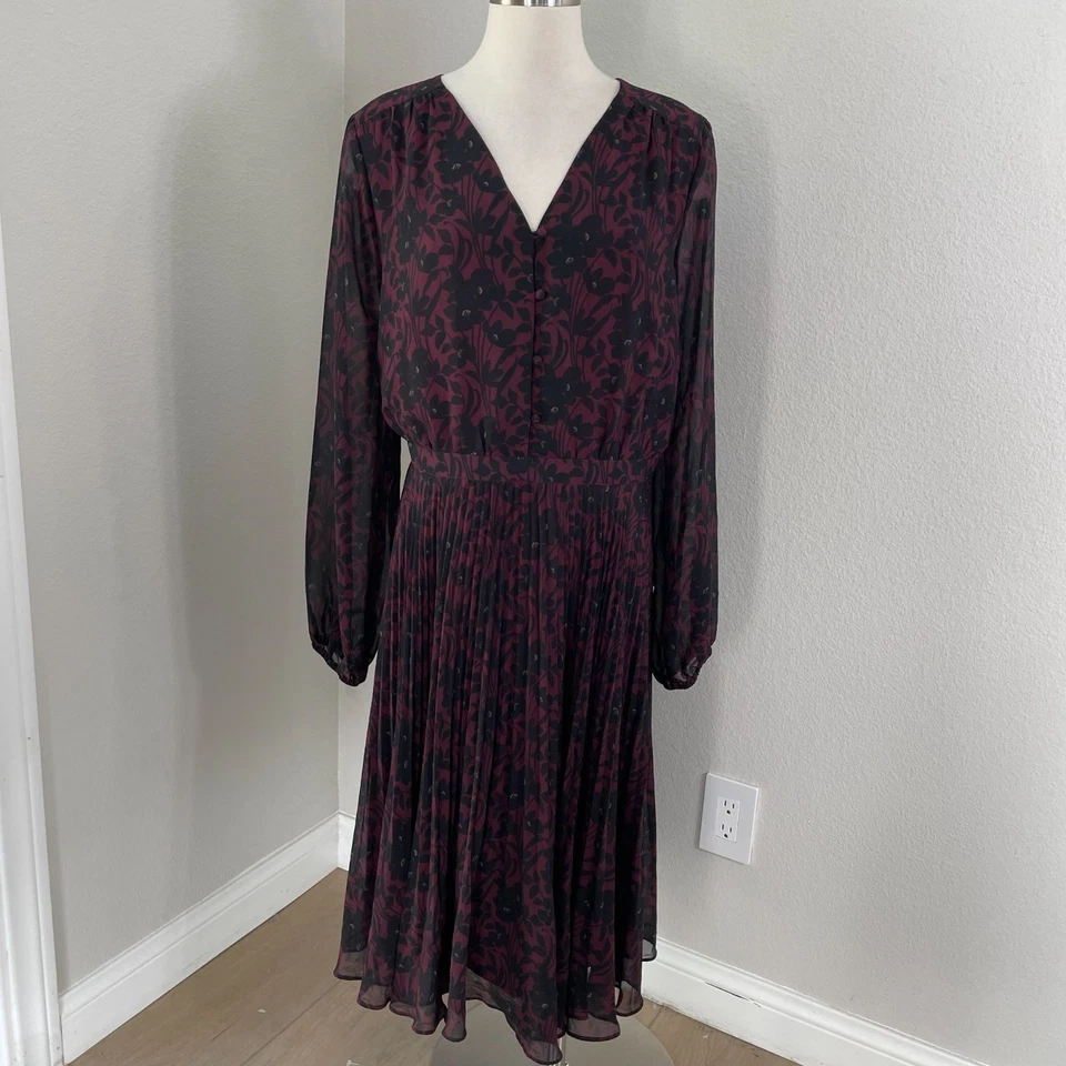 Ann Taylor Womens 18 Black Burgundy Floral Long Sleeve V Neck Pleated Dress - Image 1 of 4