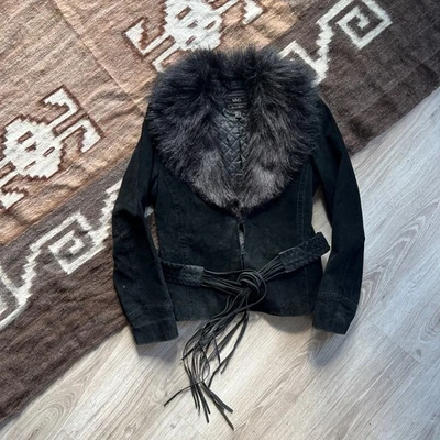 MNG Mango Women’s Genuine Leather Suede Black Faux Fur Collar Jacket M/L - Image 1 of 4