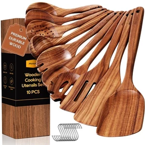 Wooden Spoons for Cooking, 10PCS Teak Wood Cookware Utensil Set with Hooks - ... - Bild 1 von 8