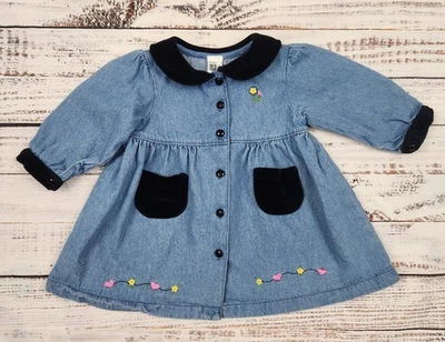 Vestido Denim Años 90 Y2K Vintage Baby UR It 6–9M – Bordado Floral y Bolsillos de Terciopelo Foto 1 de 4