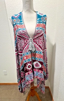 Chaleco Boho Southwestern Chal Poncho Flecos Talla Única Tejido Rosa Azul Naranja Foto 1 de 4