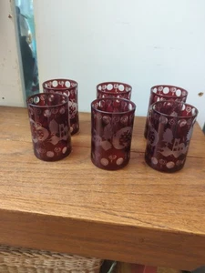 bohemian glass Czech Crystal Ruby Red Cut To Clear Set 6 Glass Tumblers - Picture 1 of 11