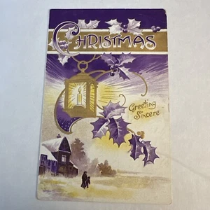 Christmas Greetings Scene Purple Gold White Vintage Saxony Postcard Embossed - Picture 1 of 2