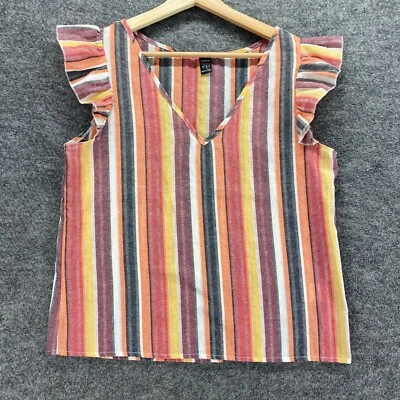 SheIn Blouse Women S Small Pink Striped V-Neck Short Sleeve Cotton Pullover - Image 1 of 4