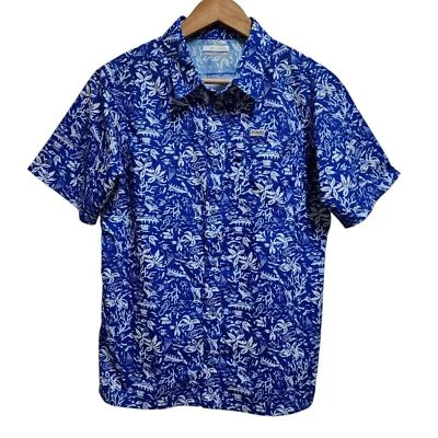 Columbia PFG Shirt Boys Youth XL Blue White Floral Hawaiian Short Sleeve Button - Image 1 of 4