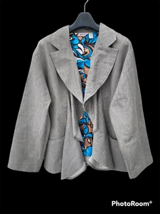 24 PLUS Taupe Brown GOLD FLAVA Lagenlook Ruffle Cotton Bld STRETCH Jacket LS EUC - Picture 1 of 3