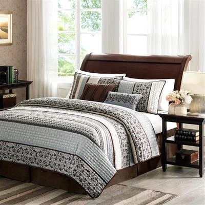 QUALITY 5 PC MODERN CHIC BLUE BROWN WHITE COZY TEXTURED LEAF FLORAL STRIPE QUILT SET NEW
