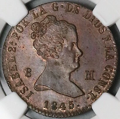 Moneda 1845-JA NGC MS 62 España 8 Maravedis Isabel 2 Jubia Mint POP 1/0 (24102702D) Foto 1 de 4