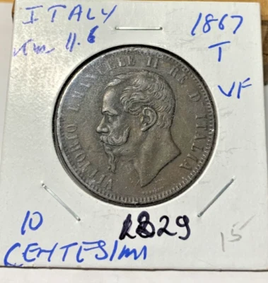 1867 T Italy 10 Centesimi KM# 11.6. VF circulated condition. Coin #1229 - Image 1 of 2