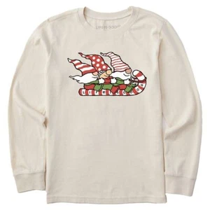 Life Is Good Gnome Toboggan Ride Long Sleeve Crusher Tee Kid's Shirt, Putty Whit - Picture 1 of 1