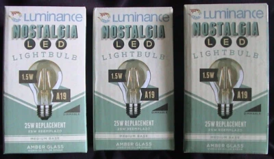 LUMINANCE NOSTALGIA LED LIGHTBULB-1.5W*25W REPLACEMENT-MED BASE/AMBER GLASS-NEW - Image 1 of 3