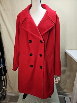 Abrigo Anne Klein Rojo Mezcla Lana Doble Pecho Cuello Muescas Guisante Talla 3X Nuevo con Etiquetas  Foto 1 de 4