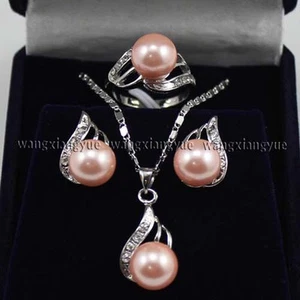 10mm Pink South sea Shell Pearl Earrings Ring & Necklace Pendant Set AAA Grade - Picture 1 of 3