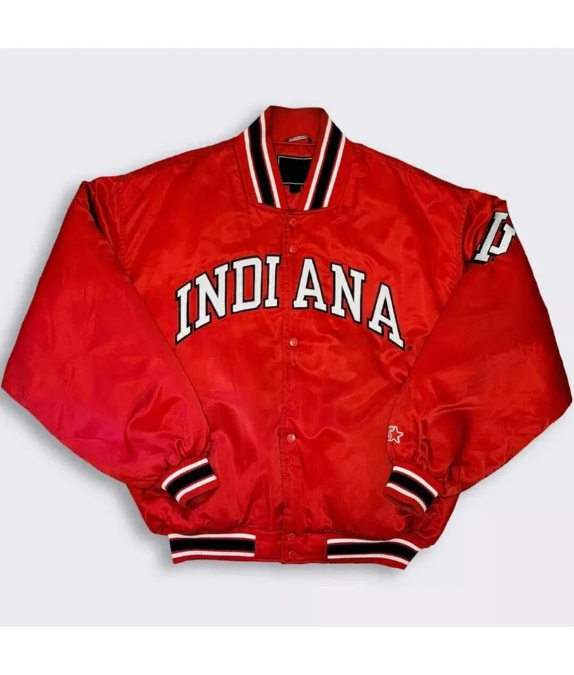 Men’s 90’s Indiana Hoosiers Varsity Jacket - Red Satin Bomber Football Jackets - Image 1 of 4