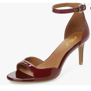 FSJ Women Summer Buckled Ankle Strap Sandals Open Toe Mid Stiletto Heels Red - Picture 1 of 8