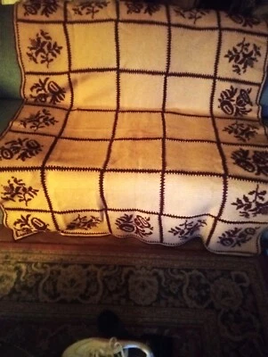 Vintage Thick Handcrafted  Needle Point Beige/Brown Floral Striped Afghan 64"x50 - Image 1 of 4