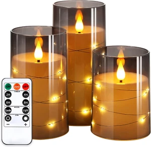 Flickering Flameless Candles: Built-In Star String Lights Unbreakable 3D Wick Ac - Picture 1 of 7