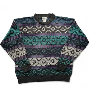 Vintage 90s Geometric Funky Pattern Stripe Gray Teal Blue Knit Sweater Method XL - Picture 1 of 10