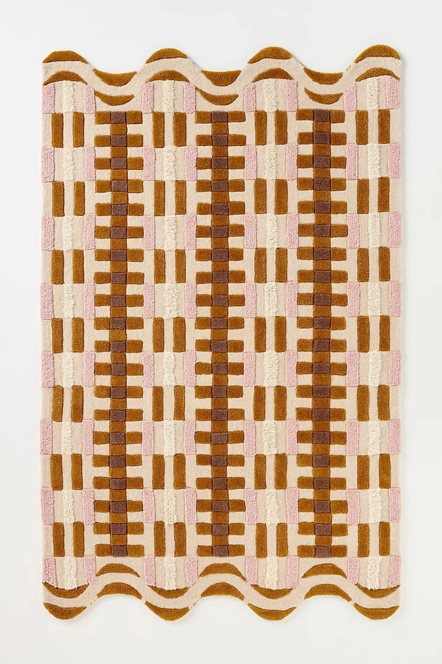 Hand Tufted Wool Scalloped Edge Geometric Checkered Area Rug Pink Brown - Image 1 of 1