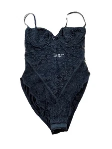 Body vintage Victorias Secret etichetta oro seconda pelle anni 80 nero raso orsacchiotto 36C - Foto 1 di 10