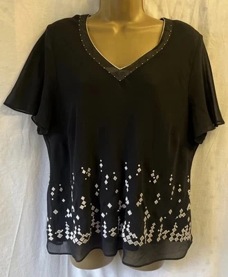 Jacques Vert Chiffon Black Embroidered Pearl Beaded V Neck Sze L / XL Blouse Top - Image 1 of 4