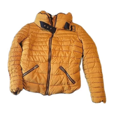 Zara Ladies Size Medium Mustard Puffer Jacket Hooded Faux Fur Collar - Image 1 of 3