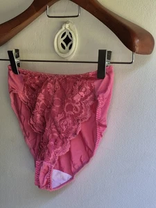 Vintage Victoria's Secret Pink Satin Lace Embroidered High Cut Brief Panty XL - Picture 1 of 11