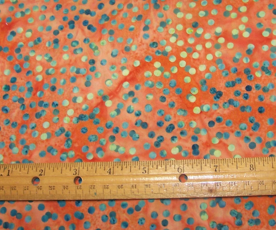 1 yard of Batik ORANGE with GREEN DOTS on 100% COTTON FABRIC - Image 1 of 1