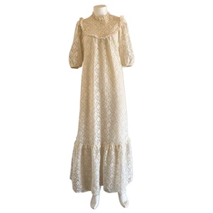 Kleid Hawaii L muumuu Vintage creme Blumen Spitzenkleid hochgeschlossen viktorianisch Holoku - Bild 1 von 7