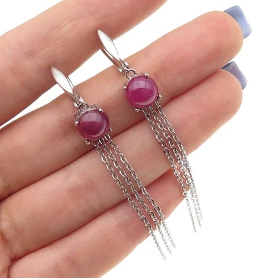 925 Sterling Silver Real Cabochon Ruby Dangle Tassel Earrings - Image 1 of 4