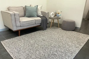 SILVER FLOOR RUG HANDWOVEN SCANDINAVIAN FELTED WOOL CARPET XX LARGE 240 x 320 CM - Picture 1 of 7