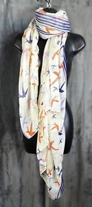 Vintage Scarf/Wrap/Shawl Birds Blue Orange Cream Hand-Rolled Edges 71" x 43" - Picture 1 of 6