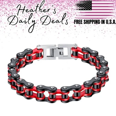 Anklet Wrist Red Black Stainless Steel Bike Chain Motorcycle Biker Bracelet Band - Image 1 of 2