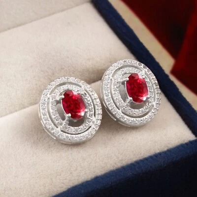 Perfetto Sottile Sangue Rosso Rubino Ovale 7x5 MM Gemma Orecchini 925 Argento - Immagine 1 di 3