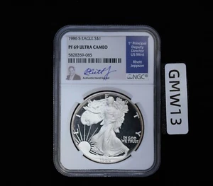1986 S PROOF SILVER EAGLE NGC PF69 ULTRA CAMEO RHETT JEPPSON HAND SIGNED LABEL - Picture 1 of 2