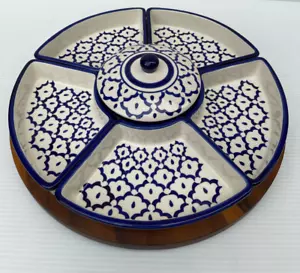 Thai Set of 5pc Hors D'oeuvres Pineapple Pattern Blue Hand Painted 15" Wood Tray - Picture 1 of 24