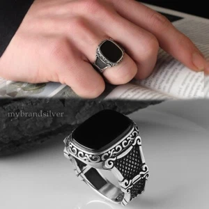 Solid Real Sterling Silver Black Onyx Stone Men's Ring All Size           #TR148 - Picture 1 of 4