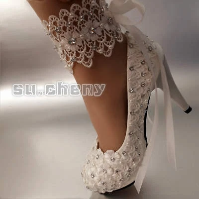 su.cheny Lace white ivory Wedding shoes Bridal flats low high heel pump 5-13 - Image 1 of 4