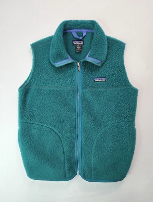 Patagonia Vintage 90s USA Teal Green Deep Pile Zip Vest Jacket Kids 12 Unisex - Image 1 of 4