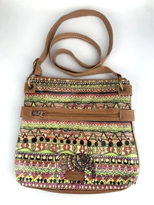 Sakroots Flat Crossbody Tote Purse Bag Large Natural One World Elephant DAMAGED - Picture 1 of 9
