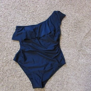 NWT Tempt Me XL Navy Blue One Shoulder One Piece Swimsuit Padded Bra Ruffle Top - Picture 1 of 2