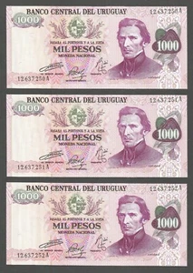 Uruguay 1000 Pesos D.C. (1974); AU+, P-52; BNB-B512b; Lote de 3 ser consecutivos # - Imagen 1 de 2