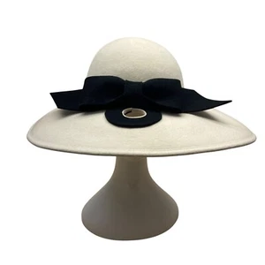 Vintage Bellini NY Damen cremefarben 100 % Wolle Sonnenhut mit schwarzer Schleife und breiter Krempe - Bild 1 von 9