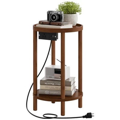 Mesa auxiliar redonda pequeña con estación de carga, mesa auxiliar redonda de bambú de 2 niveles,... Foto 1 de 4