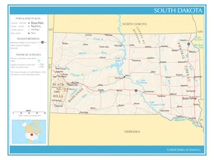 Map of the State of South Dakota United States America Political Physical Poster - Picture 1 of 2