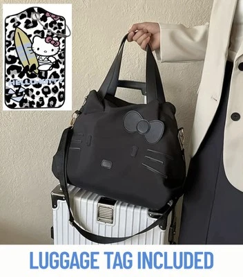 Hello Kitty Face Duffle Tote Bag All Black Lightweight Travel Weekender Gym Bag  - Image 1 of 4