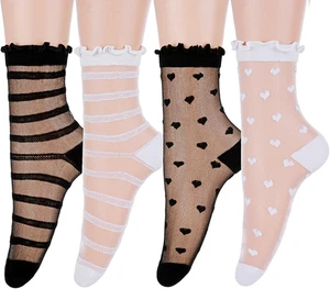 4 pares de calcetines tobilleros transparentes para mujer, calcetines con volantes transparentes de encaje ultrafino ver thr - Imagen 1 de 12